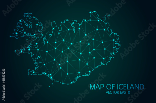 Map of Iceland - With glowing point and lines scales on the dark gradient background, 3D mesh polygonal network connections.Vector illustration eps 10.