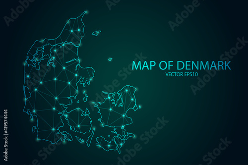 Map of Denmark - With glowing point and lines scales on the dark gradient background, 3D mesh polygonal network connections.Vector illustration eps 10.