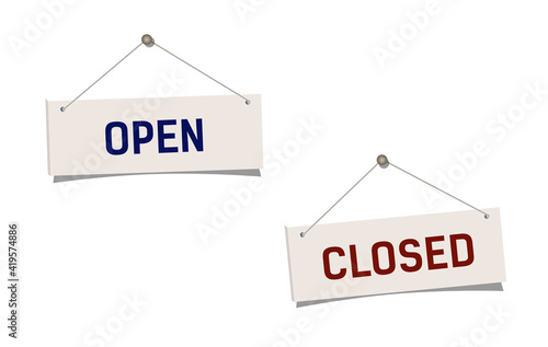 Closed and open signs hanging on white wall. Realistic placards isolated on a white background. Vector illustration.