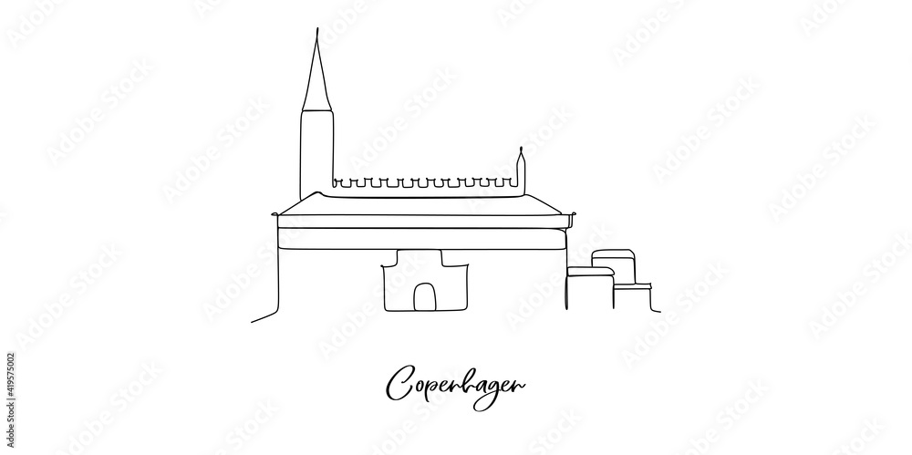 Copenhagen city in Denmark landmarks skyline - Continuous one line drawing