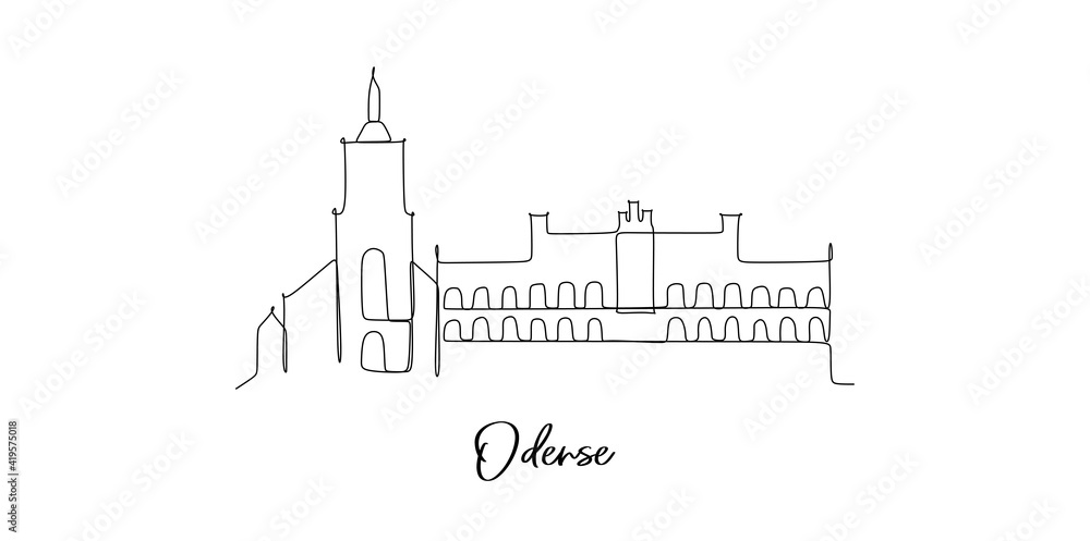 Odense city in Denmark landmarks skyline - Continuous one line drawing