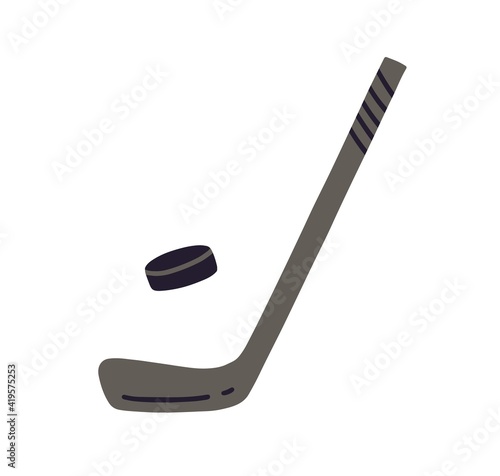 Set of ice hockey stick and puck isolated on white background. Equipment for winter sport. Colored flat vector illustration