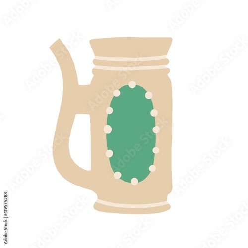 Mug from clay decorated with ornament and handle. Earthenware jug with wide neck. Pottery for beverages in retro style. Colored flat vector illustration of earthen cup isolated on white background