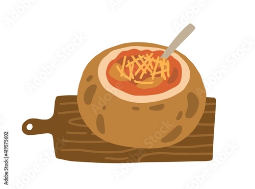 Soup served in bread bowl on wooden cutting board. National Czech chowder. Colored flat vector illustration isolated on white background