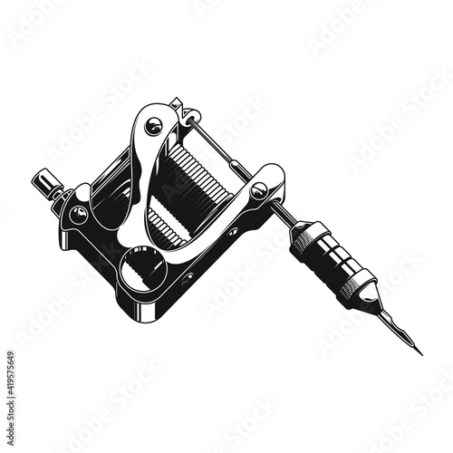 Vector monochrome tattoo machine illustration. Template for tattoo studio, salon logo isolated on white backrgound