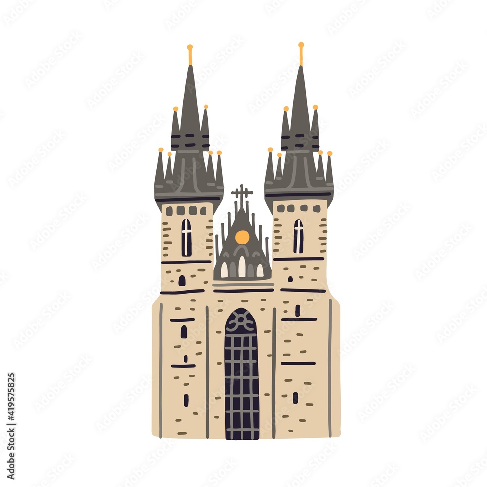 Obraz premium Tyn church in Prague. Old Czech building with black towers and gothic spires. Colored flat vector illustration of medieval European architecture isolated on white background