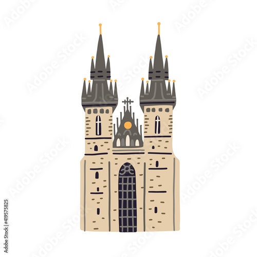 Tyn church in Prague. Old Czech building with black towers and gothic spires. Colored flat vector illustration of medieval European architecture isolated on white background