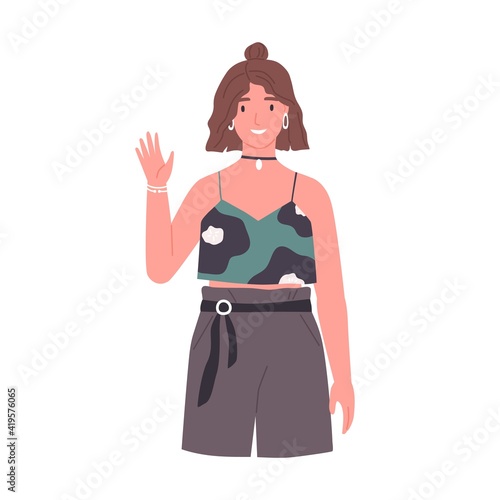 Portrait of smiling young woman saying hello and waving with hand. Happy female character gesturing hi, greeting and welcoming smb. Colored flat vector illustration isolated on white background