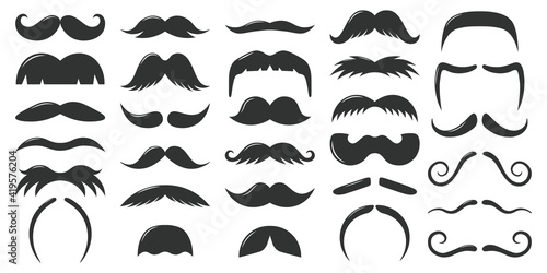 Moustaches symbols. Vintage male moustaches silhouette, funny black mustaches vector illustration set. Retro gentleman moustaches. Hipster man element for photo. Different accessories collection