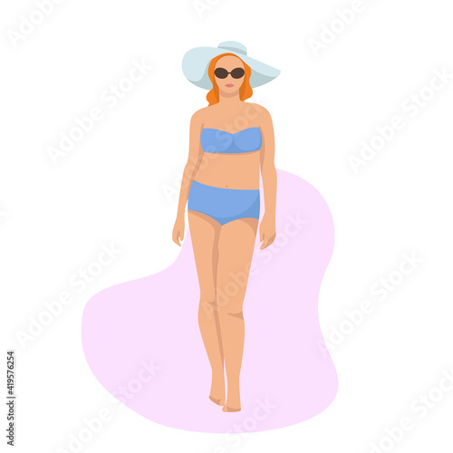 Woman posing in posing in a swimsuit and a hat, woman with apple-shaped body. Body positive, woman in bathing suit, female body type apple. For the design of lingerie and swimwear, bathing suits.