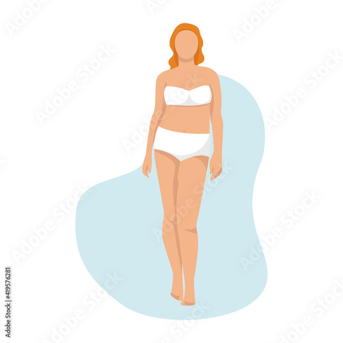 Woman posing in white underwear, woman with apple-shaped body. Body positive, woman in lingerie, female body type apple. For the design of lingerie and swimwear, bathing suits.