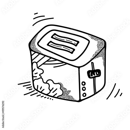 Doodle toaster vector illustration. Black outline of the kitchen device for toasting bread. Abstract design for icon, logo, web, banner. Hand-drawn concept.