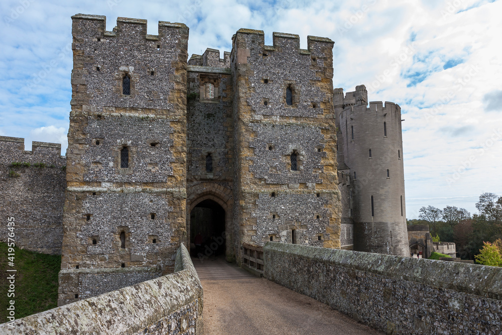14th century Gatehouse and Barbican, Arundel Castle, West Sussex, England, UK