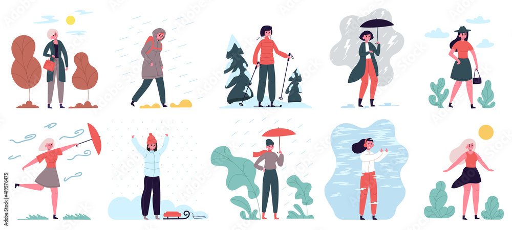 Woman in different weather. Girl walking in cloudy, windy, rainy and cold weather vector illustration set. Season and weather female activities. Character with umbrella, sleigh and ski
