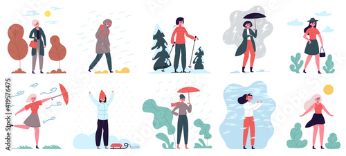 Woman in different weather. Girl walking in cloudy  windy  rainy and cold weather vector illustration set. Season and weather female activities. Character with umbrella  sleigh and ski