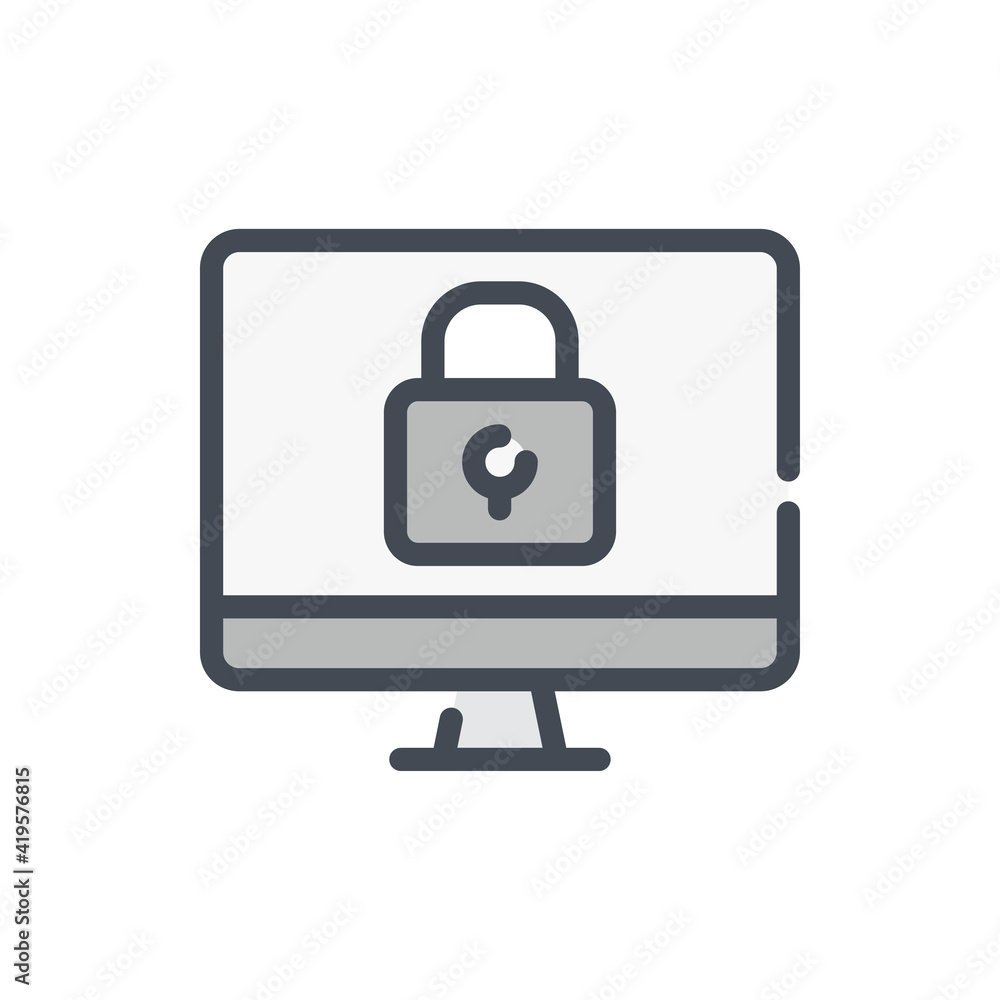 Online secure and internet protection color line icon. Computer with lock vector outline colorful sign.