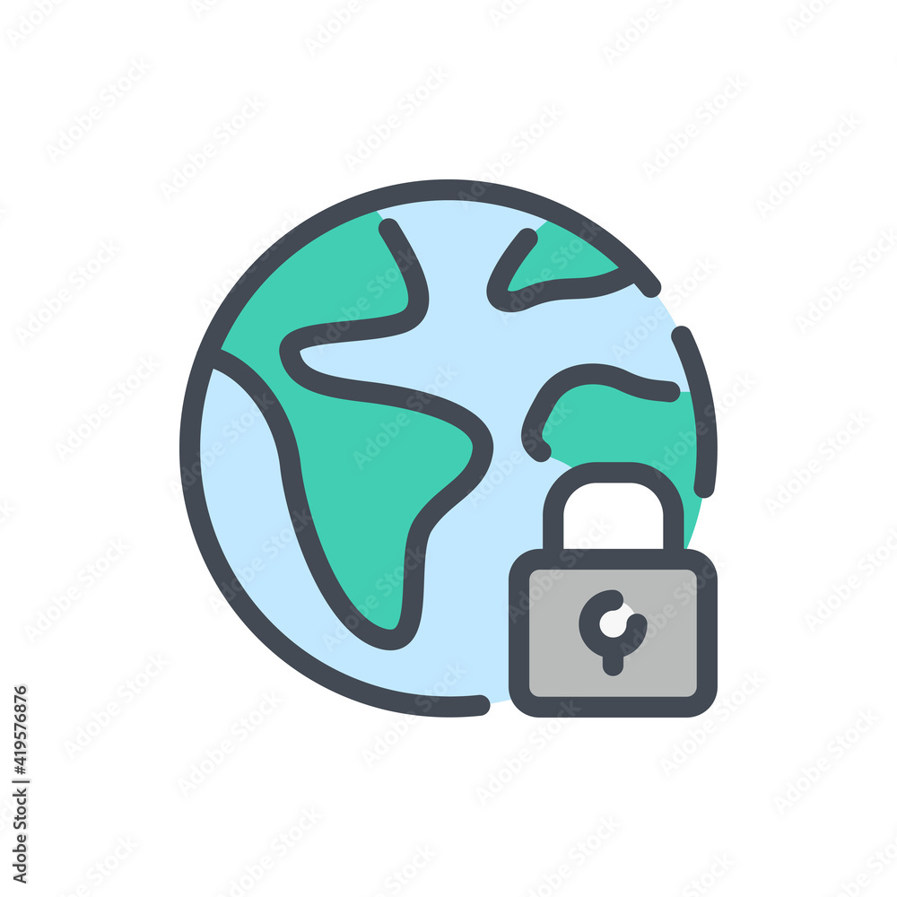 Secure internet and Global Protection color line icon. Planet Earth with lock vector outline colorful sign. Secure internet and Global Protection color line icon. Planet Earth with lock vector outline colorful sign.