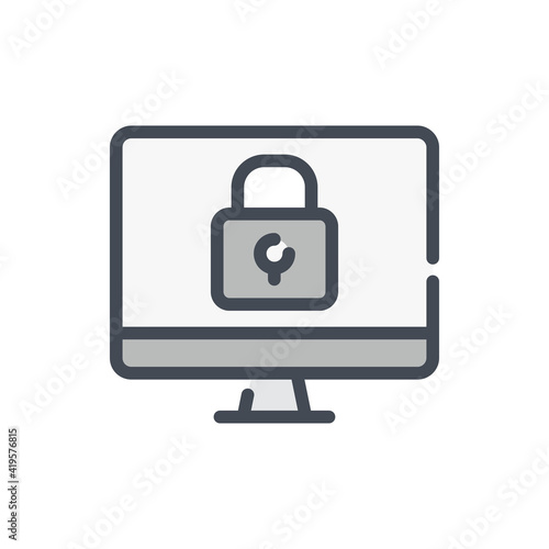 Online secure and internet protection color line icon. Computer with lock vector outline colorful sign.