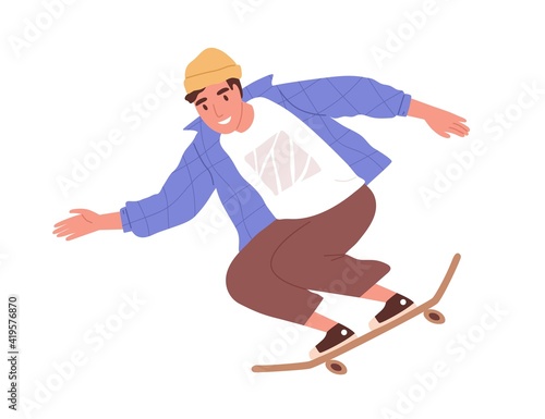 Skateboarder riding skateboard. Young skater training on long board. Summer street activity. Colored flat cartoon vector illustration of happy teenager on longboard isolated on white background