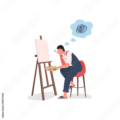 Artist struggling at canvas flat color vector faceless character. Stressed painter at easel. Art block. Burnout and crisis isolated cartoon illustration for web graphic design and animation