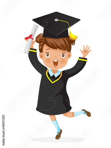 Graduating Little Girl. Graduation Little Girl is jumping. Child graduate wearing a mortarboard. Diploma graduating little for kid.