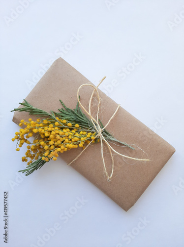 Gift box and sprig of mimosa