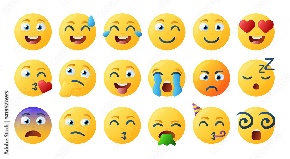 Obraz premium Emoji set pack icons for apps. Bundle of bright emoji with simple gradient.