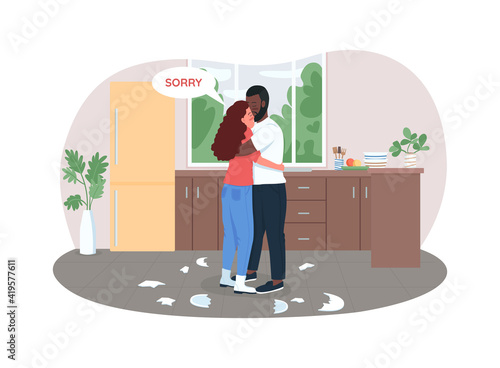 Couple makes up 2D vector web banner, poster. Embracing boyfriend and girlfriend flat characters on cartoon background. Family conflict resolved printable patch, colorful web element