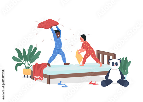 Kids play in bedroom flat color vector detailed characters. African american boy in pillow fight with caucasian child. Kindergarten isolated cartoon illustration for web graphic design and animation