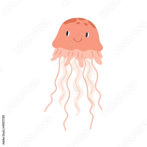 Cute smiling jellyfish or medusa. Funny underwater jelly fish with eyes. Chil...
