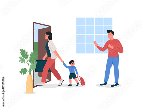 Woman with child leave husband flat color vector detailed characters. Angry mother. Sad father. Upset son. Family conflict isolated cartoon illustration for web graphic design and animation