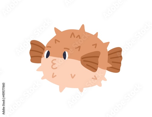 Cute pufferfish or globefish with thorns. Japanese round pfuffer fish or blowfish. Childish colored flat cartoon vector illustration of funny fugu isolated on white background