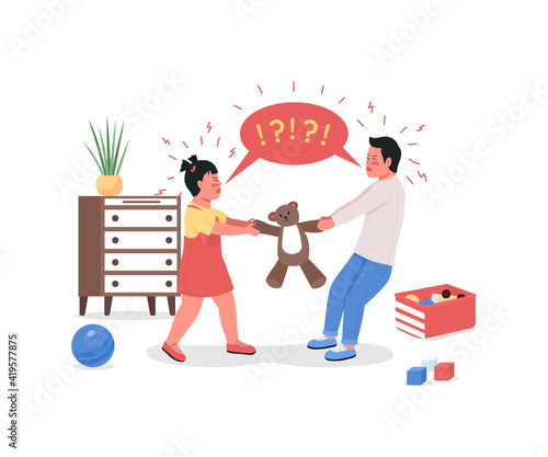 Quarreling children flat color vector detailed characters. Siblings fight over toy. Kids arguing in playroom. Family conflict isolated cartoon illustration for web graphic design and animation