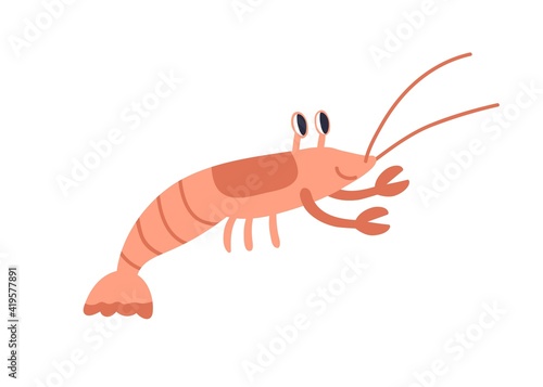 Cute red crayfish or crawfish with funny eyes and claws. Sea animal with pincers isolated on white background. Childish colored flat cartoon vector illustration of funny smiling creature