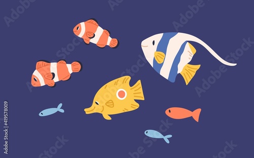 Set of small bright marine fishes. Collection of sea and ocean underwater fauna. Childish colored flat cartoon vector illustration of tropical underwater creatures