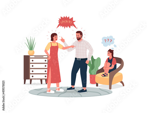 Arguing parents and upset child flat color vector detailed characters. Father and mother quarrel. Sad daughter. Family conflict isolated cartoon illustration for web graphic design and animation