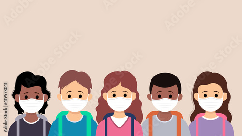 Group of children wearing medical mask to prevent disease, flu, air pollution, contaminated air, world pollution in flat style.