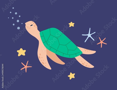 Cute sea turtle swimming in water among starfishes. Funny marine tortoise in ocean. Childish colored flat cartoon vector illustration of adorable underwater creature