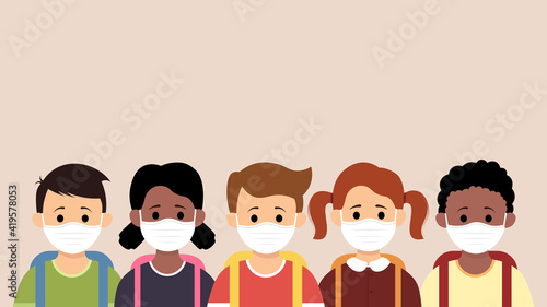 Group of children wearing medical mask to prevent disease, flu, air pollution, contaminated air, world pollution in flat style.