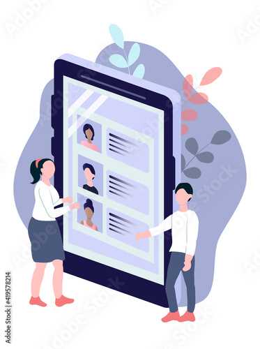 vector illustration on the topic of recruiting for work, personnel managers, human resources. Smartphone screen with resume of job seekers. flat illustration for websites, magazine apps