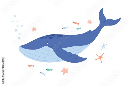 Cute blue whale swimming among starfishes and fishes in sea or ocean. Giant u...