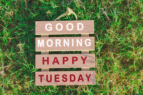 Foto Text on wooden frame laying on green grass