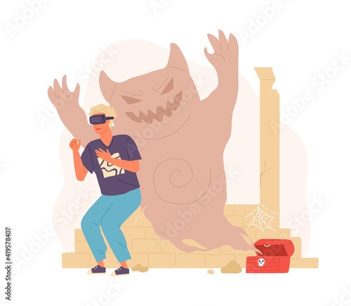 Person playing horror game in virtual reality using VR headset. Teenager and ...