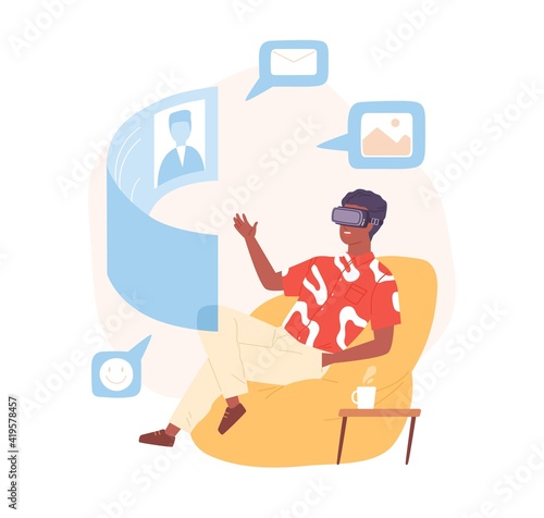 Person in VR headset talking to friend via video call. Futuristic communication of people in virtual reality. Colored flat cartoon vector illustration of man and AR screen isolated on white background