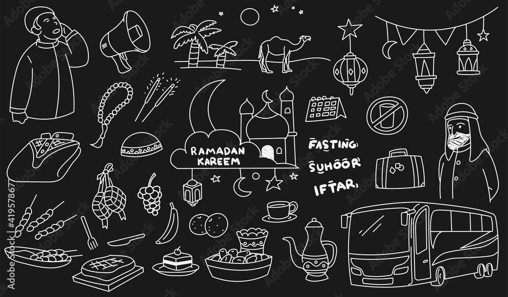 Set of vector doodle element related to holy Ramadan. Muslim fasting during Ramadan holy month event. Chalkboard style Set of vector doodle element related to holy Ramadan. Muslim fasting during Ramadan holy month event. Chalkboard style