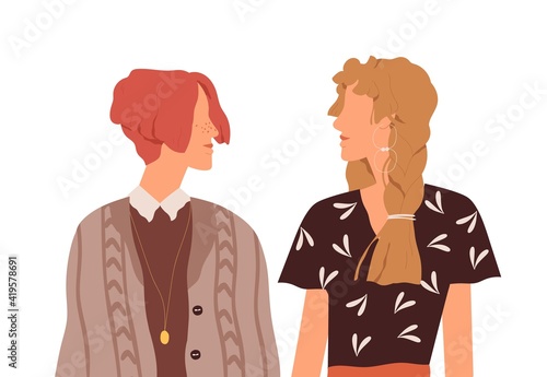 Lesbian love couple of two enamored girlfriends standing together. Scene with homosexual women. Colored flat vector illustration of modern trendy friends isolated on white background