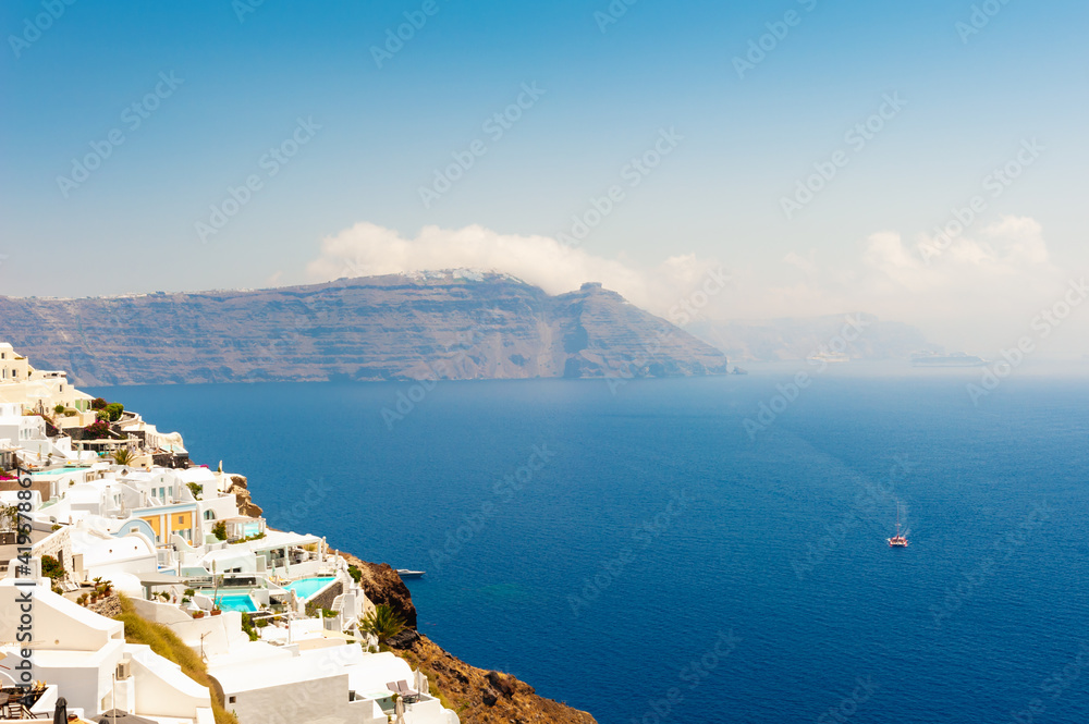 Panoramic view of on Santorini island, Greece. Summer landscape, sea view. Famous travel destination