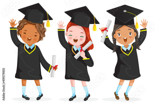 Graduating Little Girls group. Full body. Graduation Little Girl is jumping. Child graduate wearing a mortarboard. Diploma graduating little international for kid.