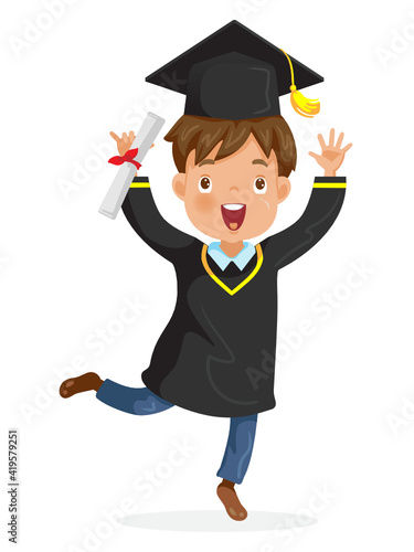 Graduating boy. Graduation boy is jumping. Child graduate wearing a mortarboard. Diploma graduating  for kid.