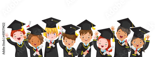 Graduate children group. Portrait of Characters of international child. Graduation boys and little girls is jumping. Child graduate wearing a mortarboard. Diploma graduating little for kid.